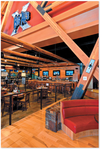 Speakers hang from the rafters in the High Rollers Lounge, one of the many audio zones within Big Al's.