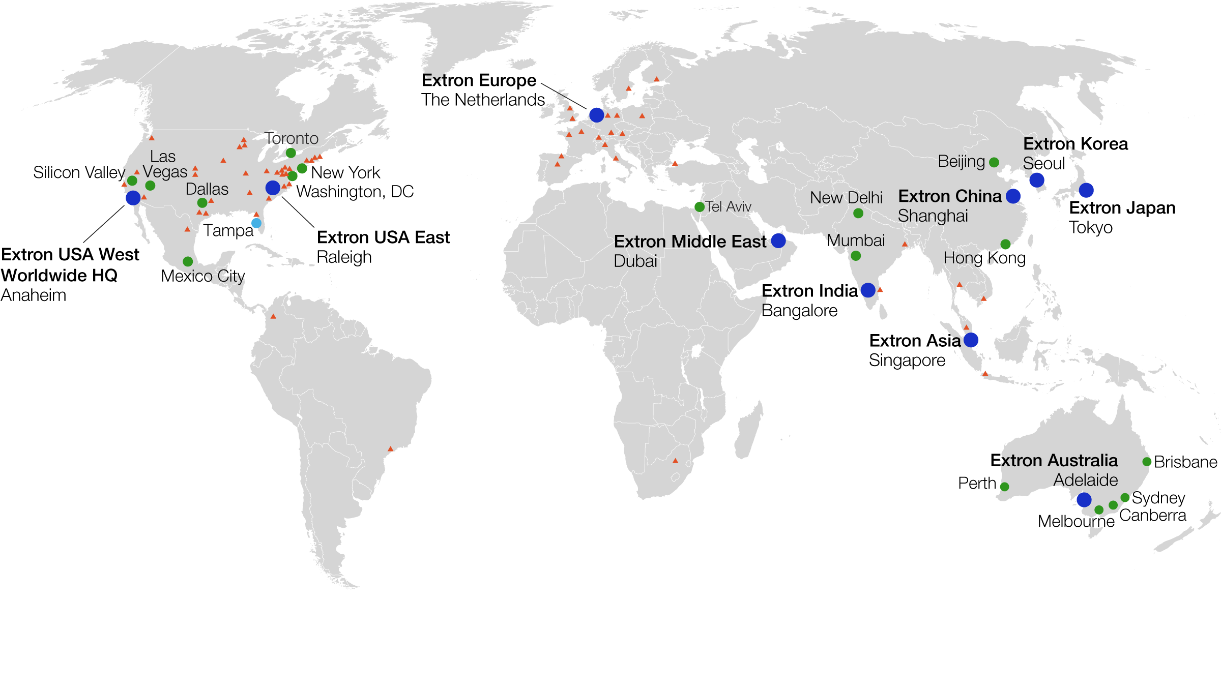 A world map showing main Extron offices and regional training and support centers.