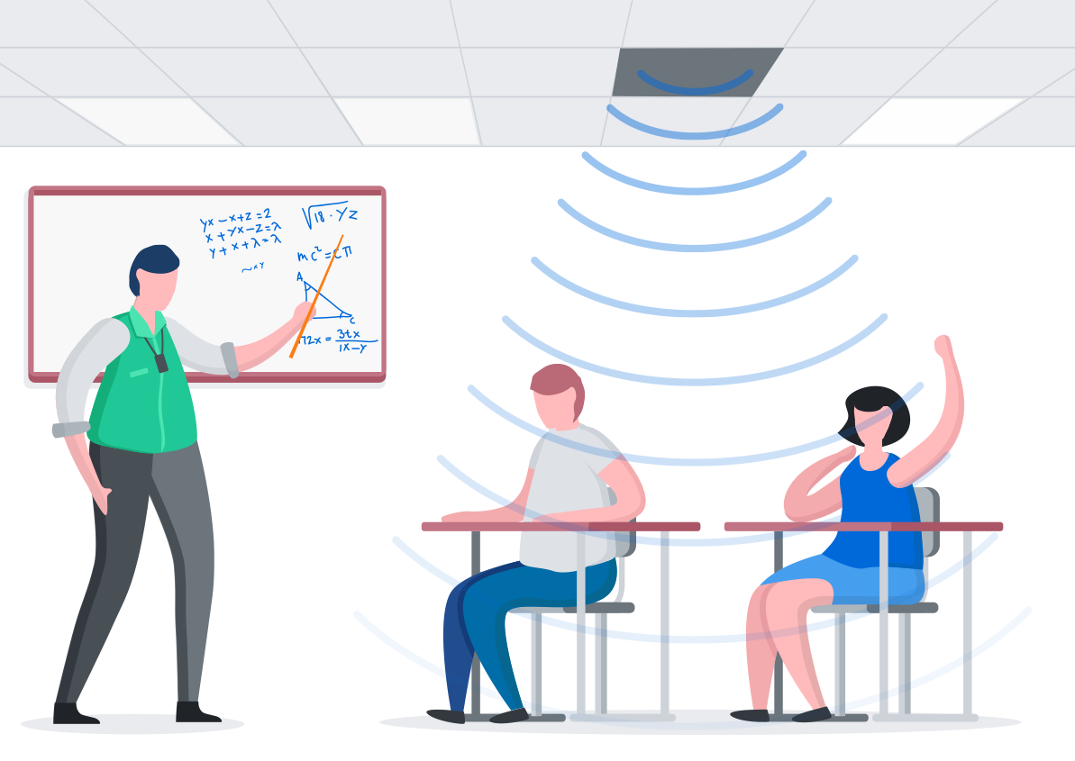 Illustration of students under the Flat Filed Speaker sound waves.