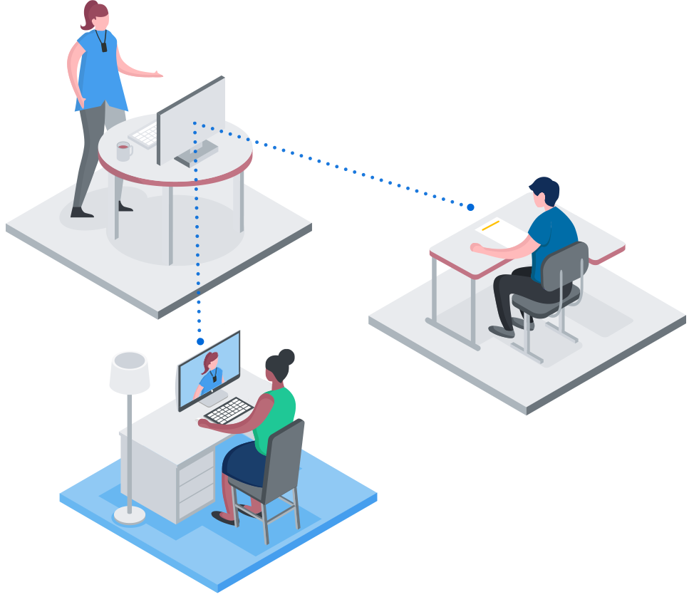 Illustration of students in class in-person and in the classroom.