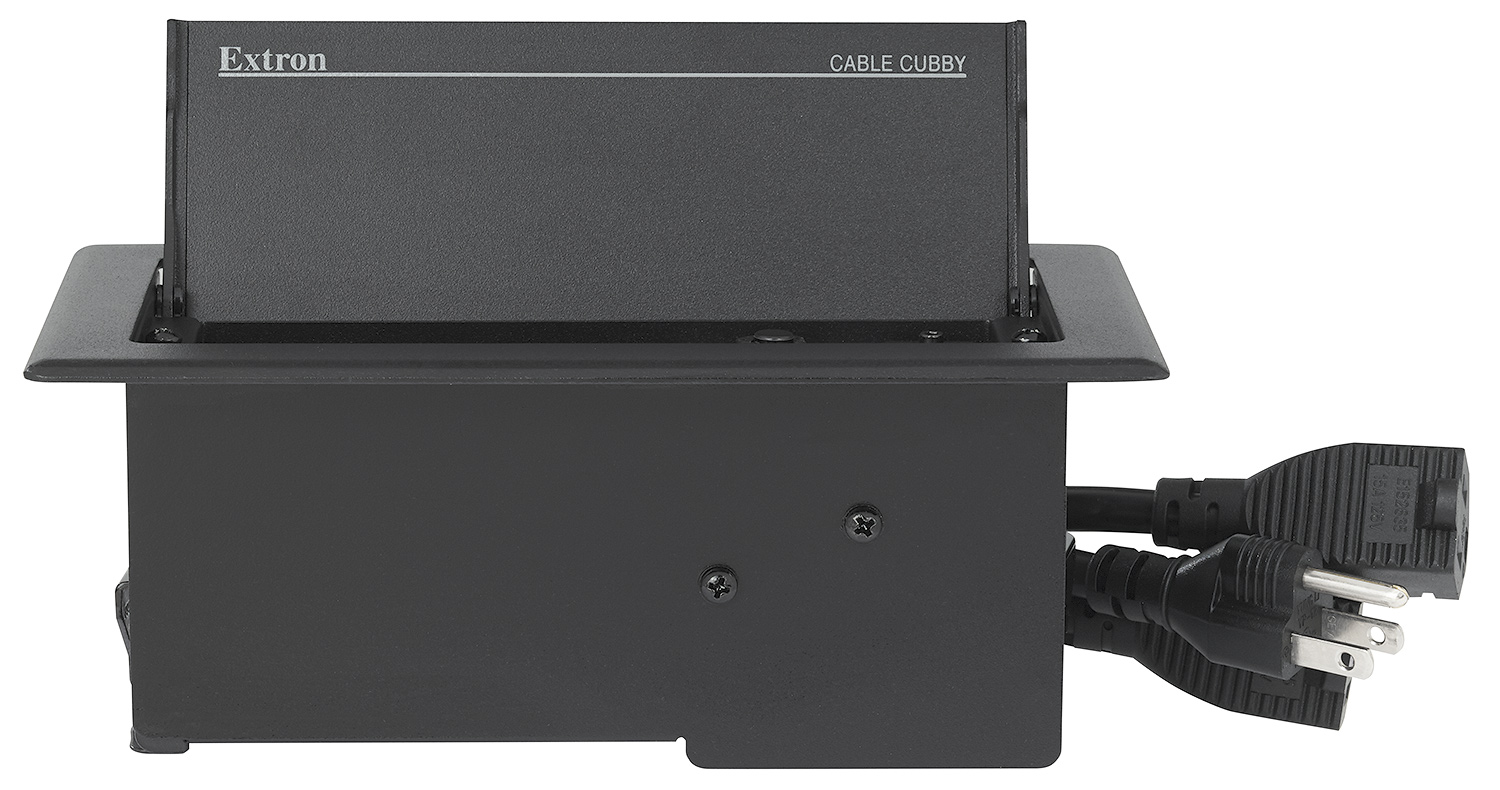 Cable Cubby 222 US features an attached 9.5' power cord and two outlets, each on a 2' cord, for powering optional AV equipment and other devices