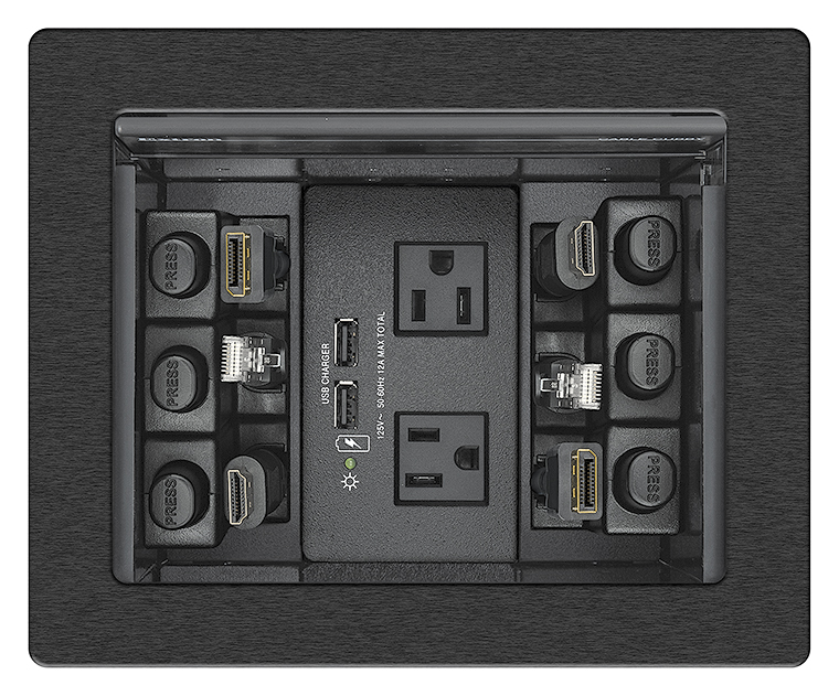 Cable Cubby 700 accommodates one AC or AC+USB power module, plus six Retractor modules, eight AV cables, or four AAP™ AV Connectivity Modules