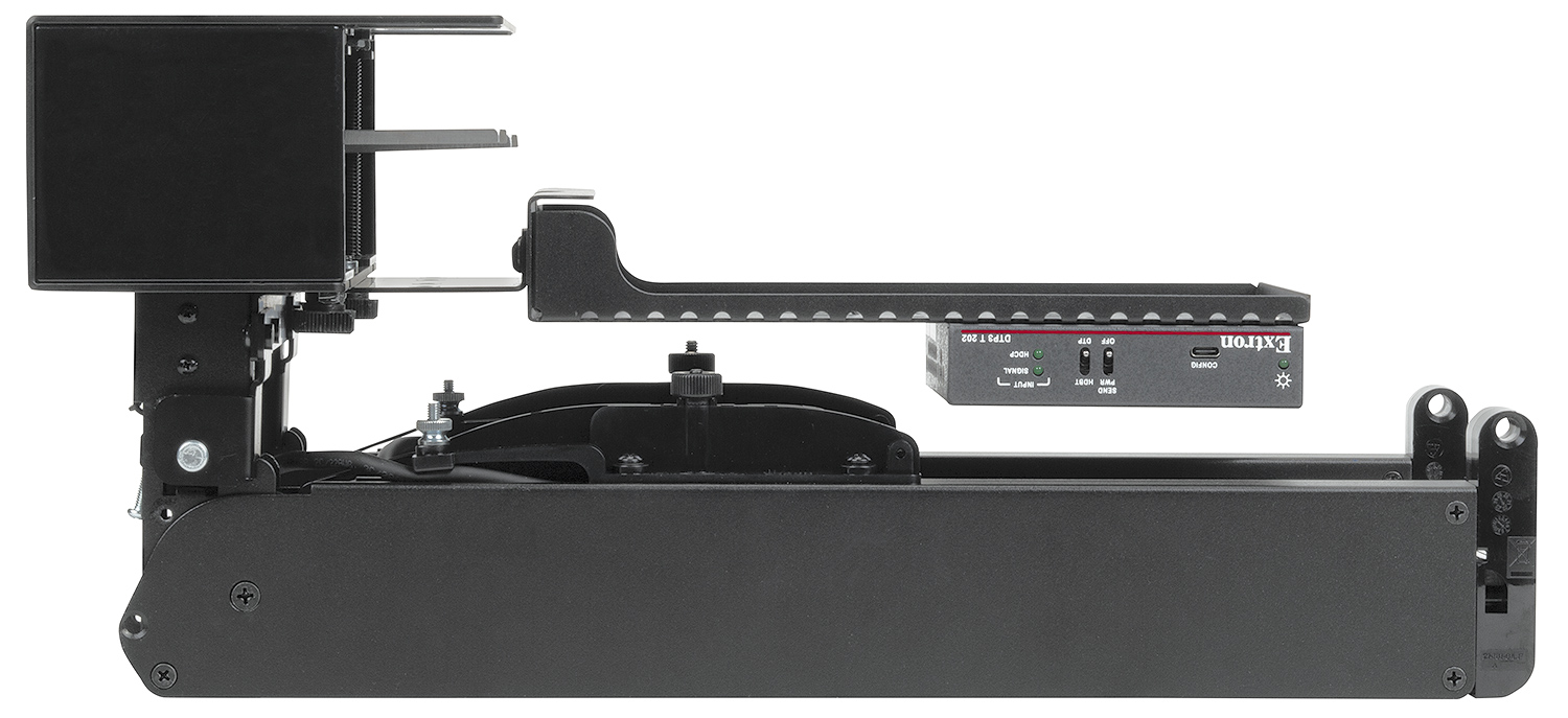 Cable Cubby F55 Edge – side view of enclosure with PMK 155 mounting kit, DTP3 T 202 digital twisted pair transmitter, and Retractor modules installed horizontally; sold separately