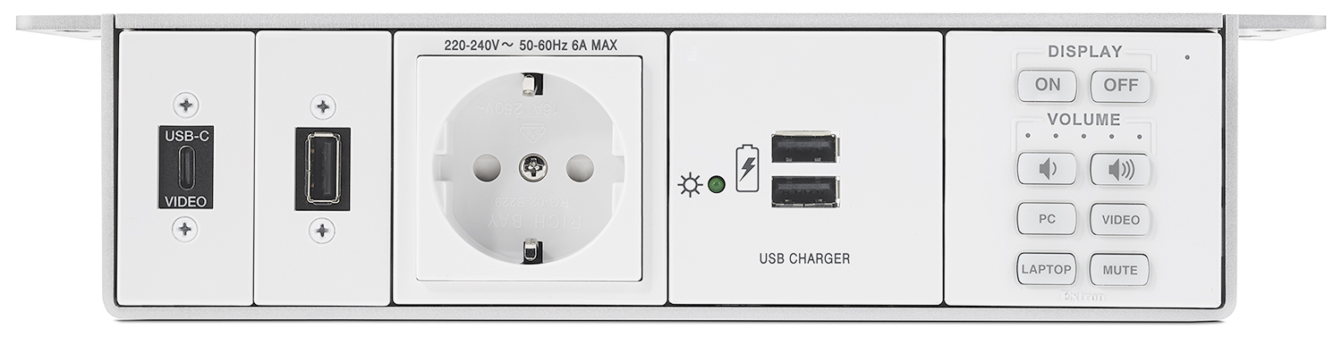 Cable Cubby F55 UT is a stylish under-table cable access enclosure for AV connectivity, remote control, and power