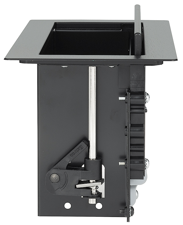 Integrated side clamps secure enclosure to the furniture surface without additional hardware or tools