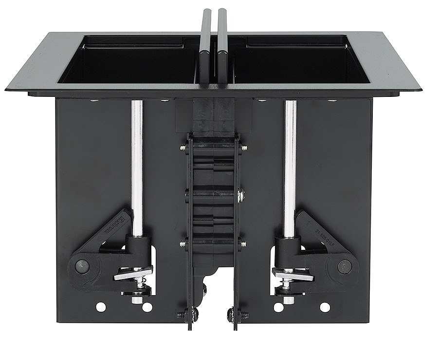 Integrated side clamps secure enclosure to the furniture surface without additional hardware or tools