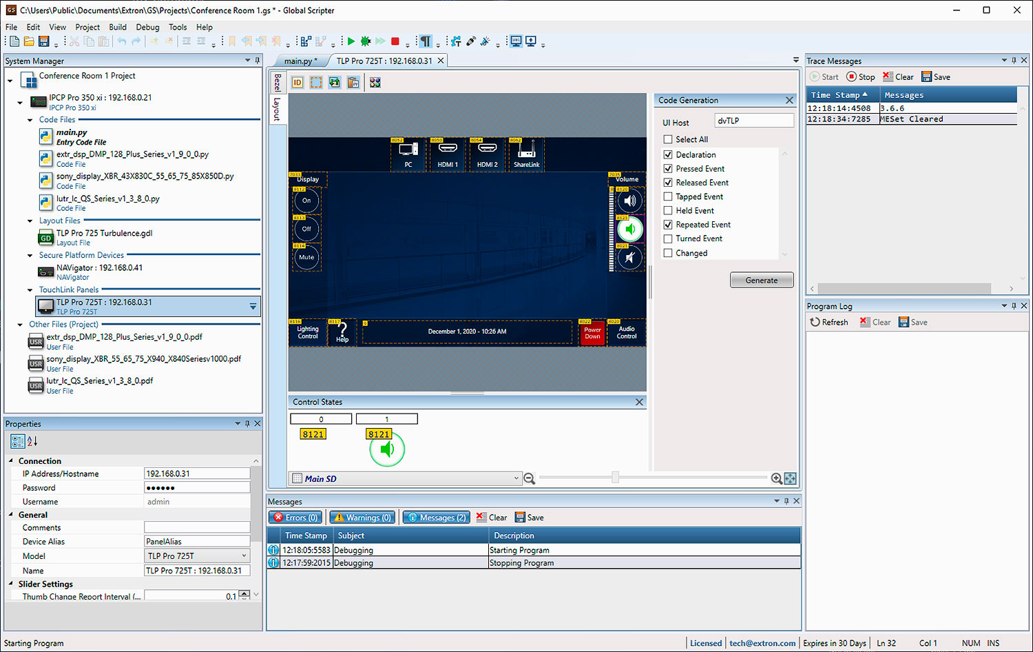 Layout Window – Touchpanels 