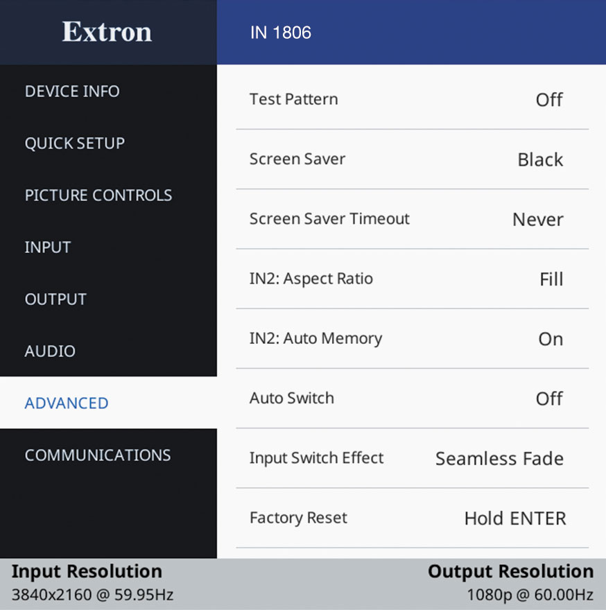 On Screen Display Advanced Menu