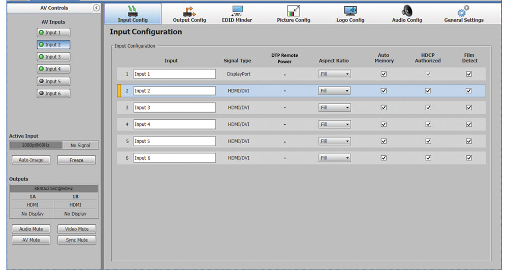 PCS Input Configuration Screen