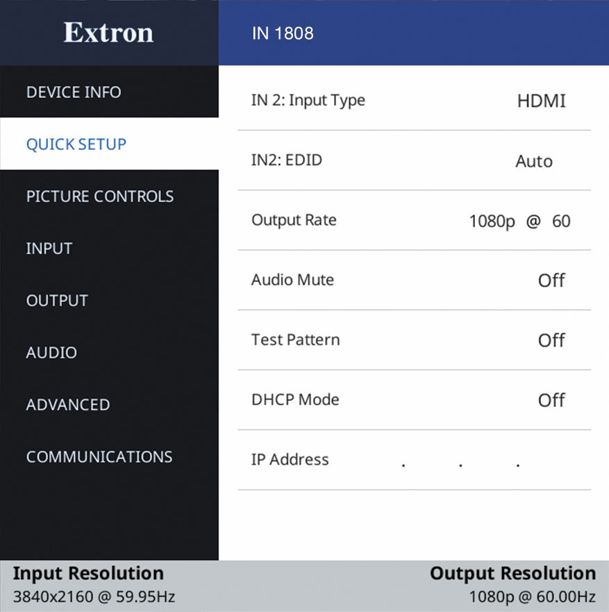 On Screen Display Quick Setup Menu