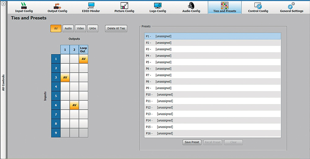 PCS Ties and Presets Configuration Screen