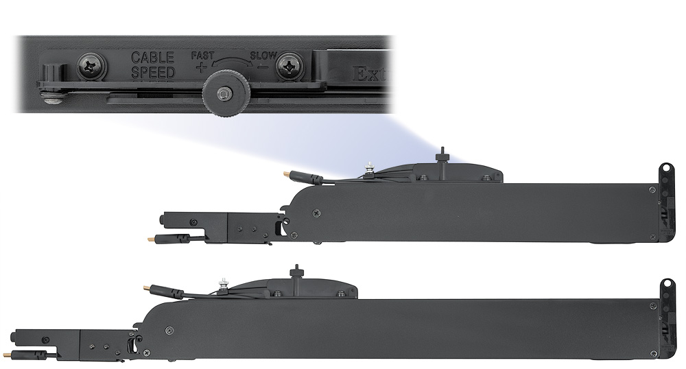 Adjustable cable retraction speed for smooth operation in horizontal or vertical mounting