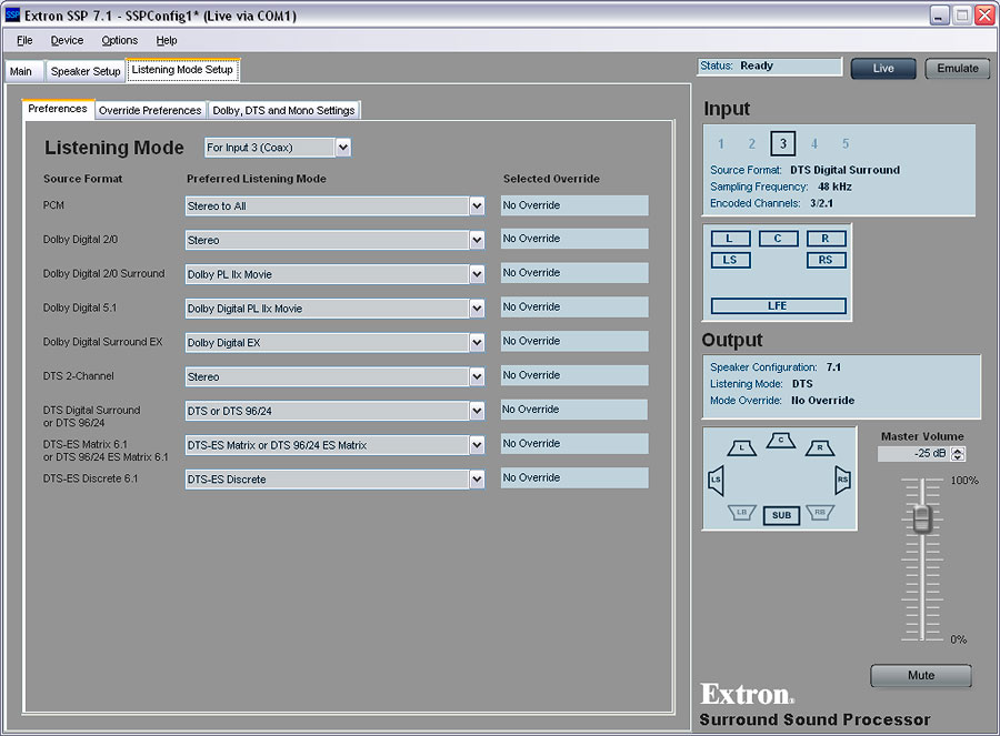 SSP 7.1 Setup and Control Software:  Listening Mode Setup