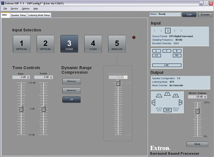 SSP 7.1 Setup and Control Software:  Main Screen, Live Mode