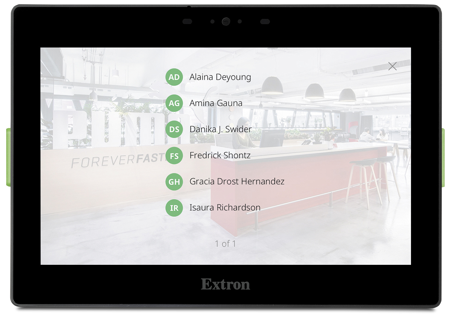 Extron Room Agent – list of meeting attendees with light theme background on TLS 725M panel