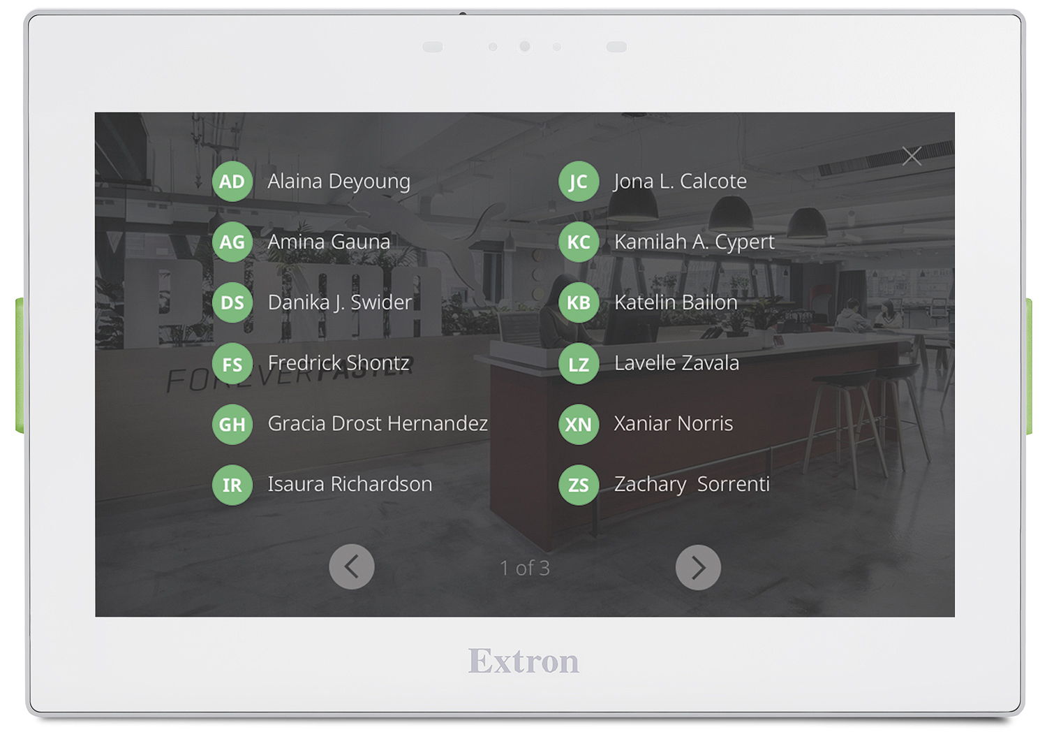 Extron Room Agent – list of meeting attendees with dark theme background on TLS 725M panel