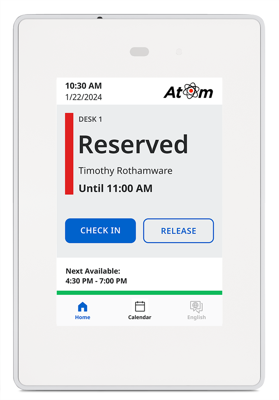 TLS 300M with touchscreen interface displaying the check-in to a reserved desk