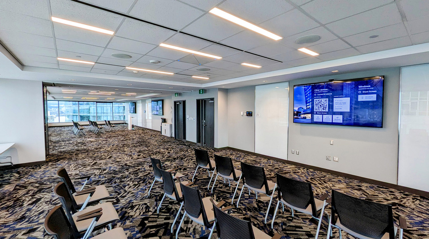 When combined, the two rooms seat up to 80 people. TLP 1025M Touchlink Pro Touchpanels make it easy for tenants to control the system.