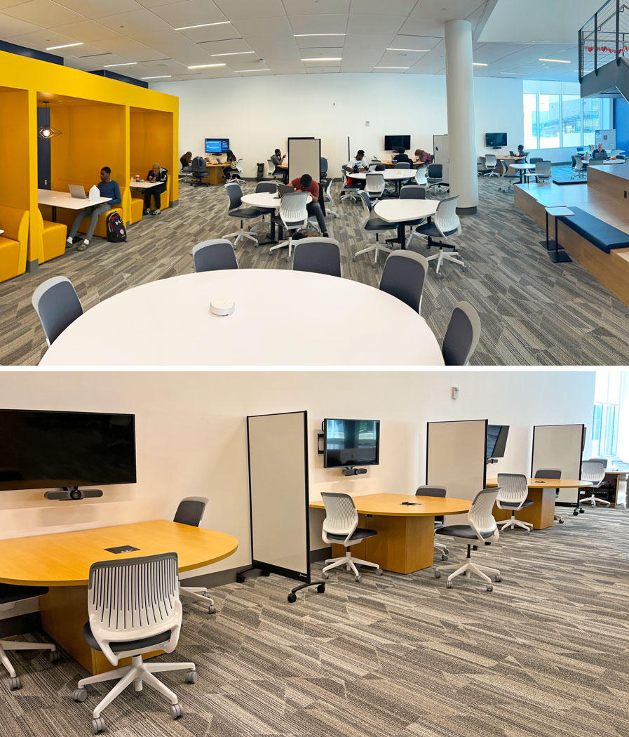 Study kiosks open to large study areas allow students to gather around a semicircular table and share AV content to a 50" interactive display from BYOD sources either through Show Me cables at a Cable Cubby or through Wi-Fi. A videoconferencing bar mounted below the display allows collaboration to extend to remote participants.