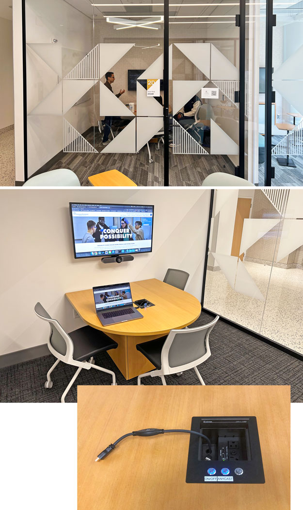 Private huddle rooms have AV tools similar to the open study kiosks but offer quiet surroundings and privacy. Users connect BYOD sources in the same manner as in the study kiosks, either wired or wirelessly, to share content on a 43" display. As with the study kiosks, a videoconferencing bar links the room to remote participants.