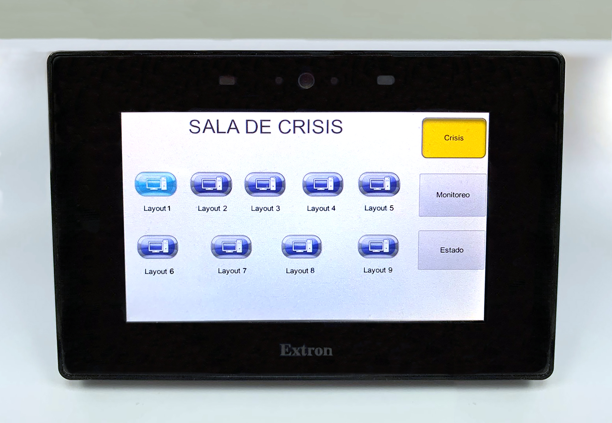 In the Crisis Room, an operator selects from among the nine videowall window arrangement presets using the Extron TouchLink Pro touchpanel at the desk.