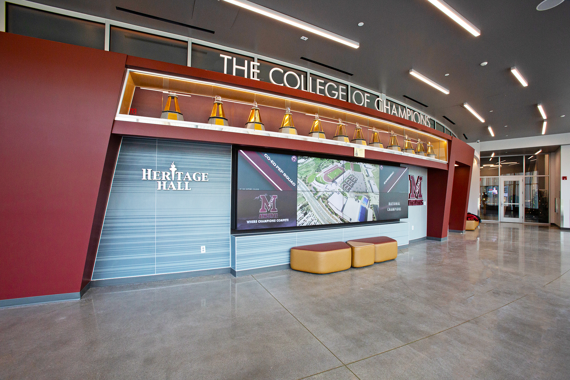 The lobby leading to the Heritage Hall Museum and beyond to the Terrace offers casual seating and a 4x2 videowall that presents content received from the XTP system.