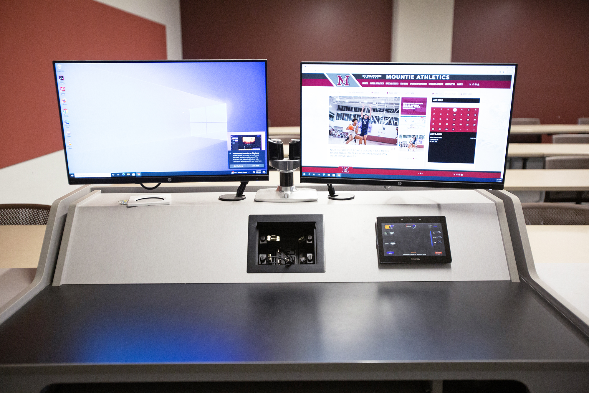 Content and camera feeds from within the stadium complex are available in the weight training, physical therapy, coaches offices and meeting rooms, and the locker rooms to keep the staff and student athletes informed.