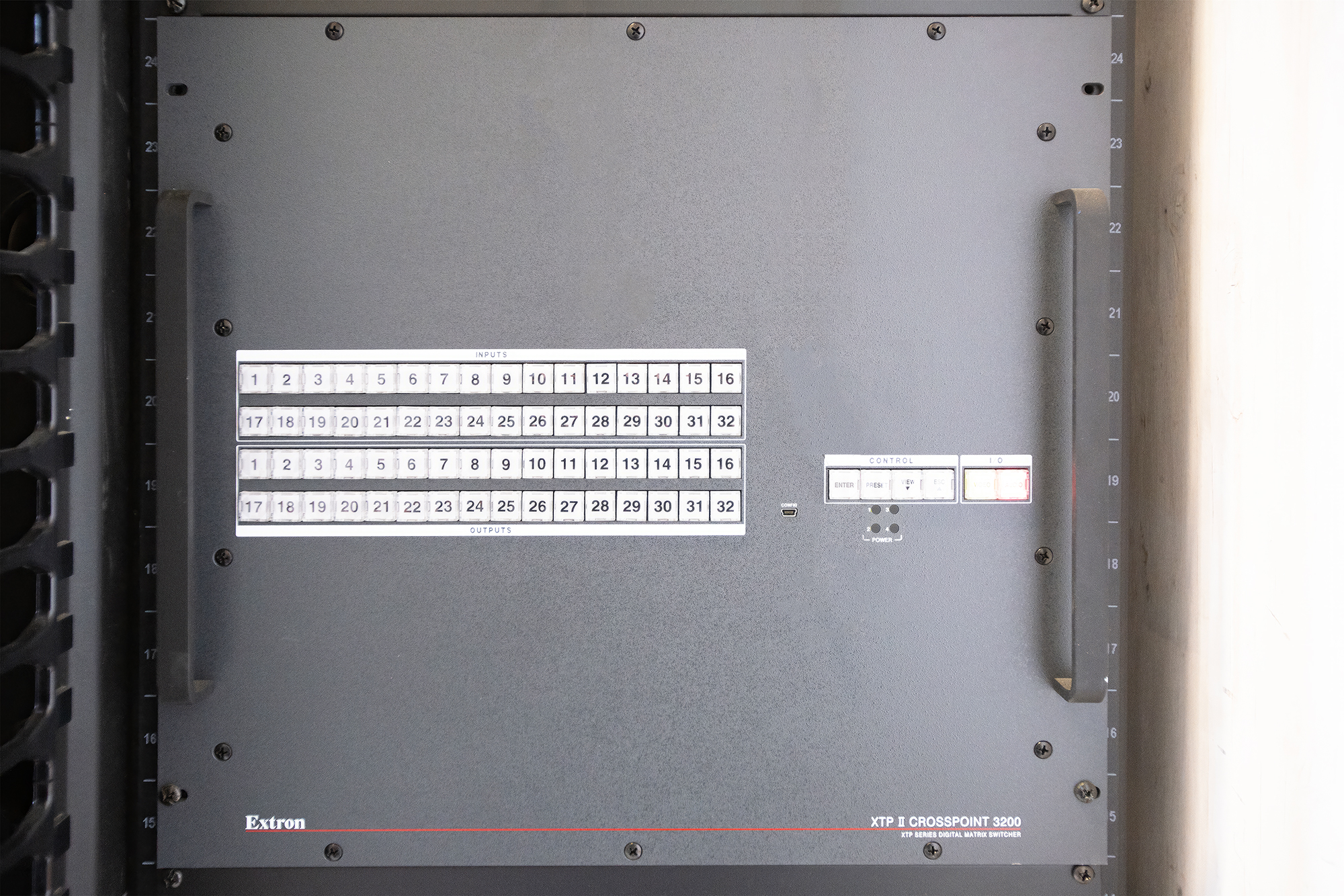 The four XTP II CrossPoint matrix switchers that form the AV backbone for the stadium complex are rack-mounted within the control rooms on the first, second, and four levels.