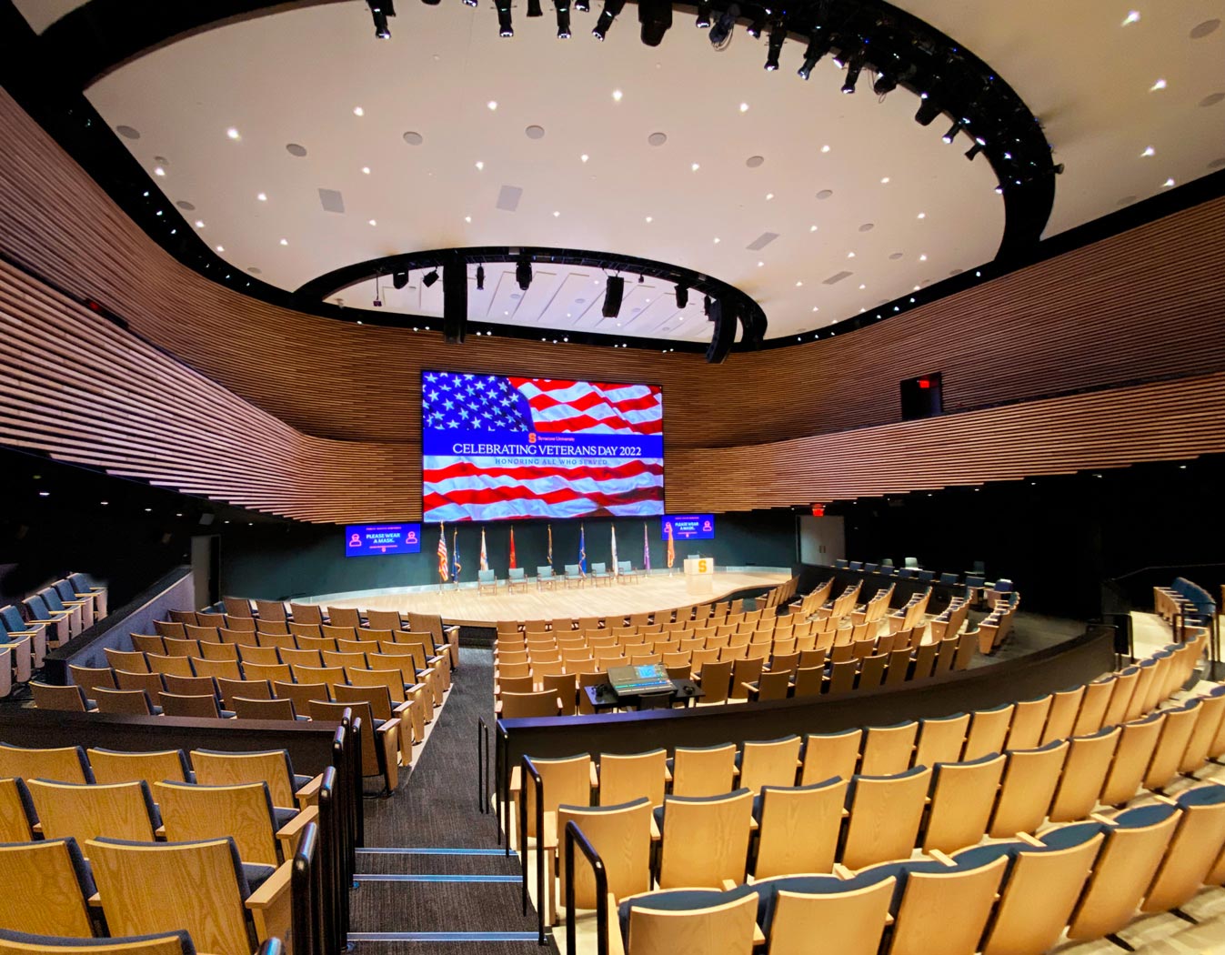 The K. G. Tan Auditorium at the Syracuse University National Veterans Resource Center is designed to be a hub for Central New York. It hosts lectures, community activities, and national convening events and conferences.