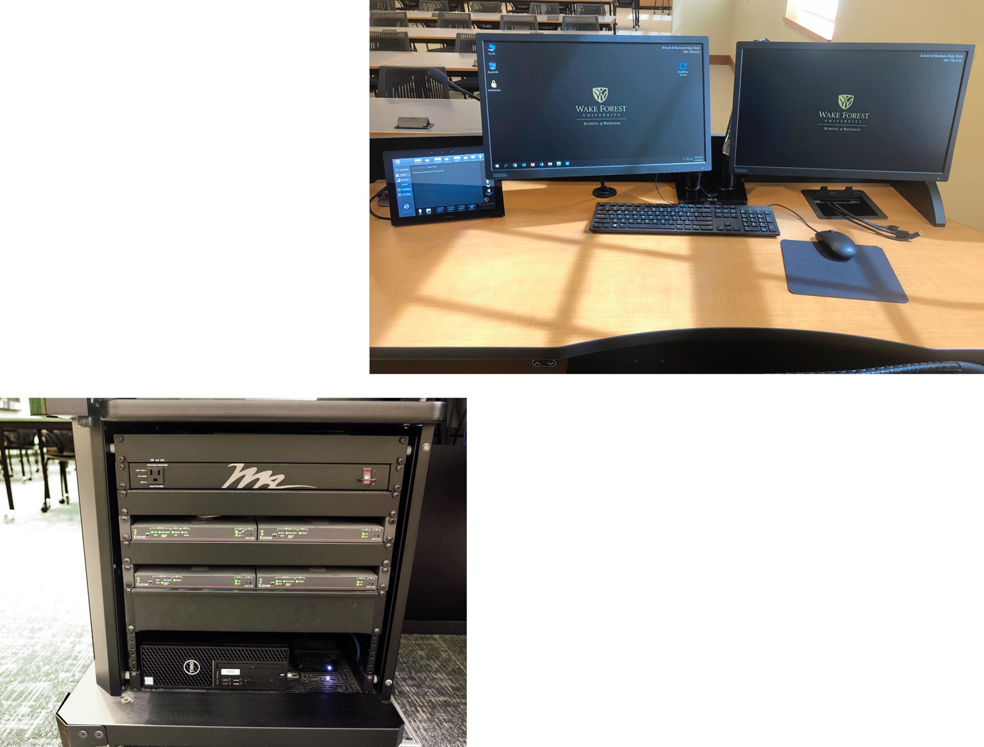 Divisible classroom lectern desktop and lectern equipment bay. Both sides of each divisible room have a lectern. The lecterns can function independently on their own side of the room or either lectern can supply and control the AV content for both sides.