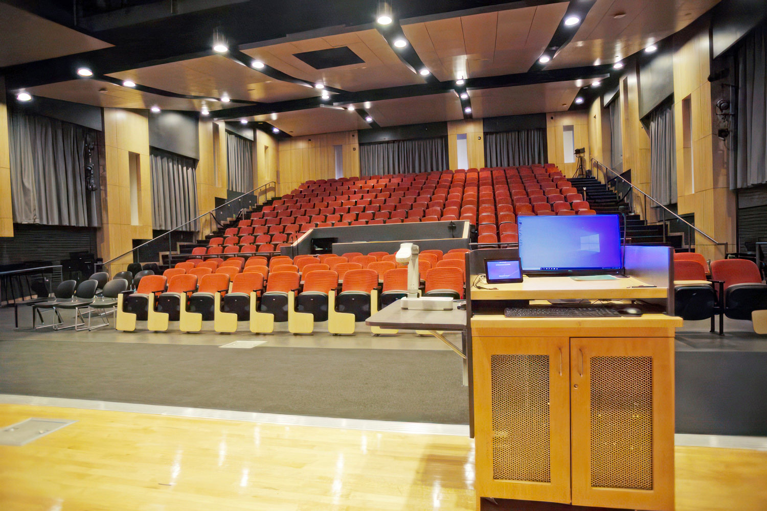 The 4,600 square foot lecture hall at the Northern Wake Campus includes a stage facing an audience of 275. Equipped with theatrical caliber video, audio, stage lighting, and house lighting, the lecture hall is ideal for hosting presentations, plays, singing competitions, local television broadcasts, and more. All photos courtesy of Wake Technical Community College.