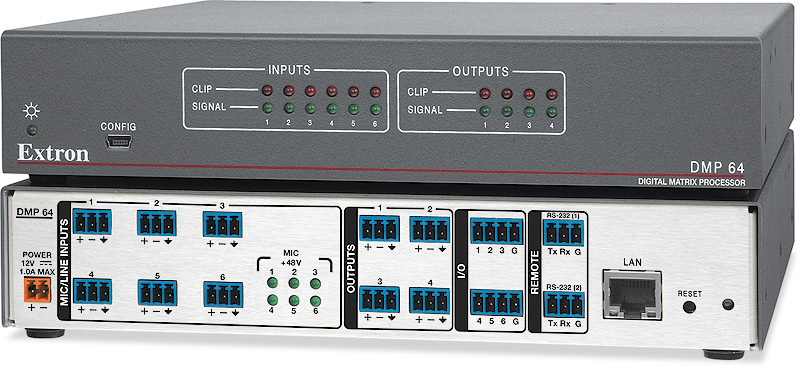 Audio signal processing is performed by an Extron DMP 64 Digital Matrix Processor