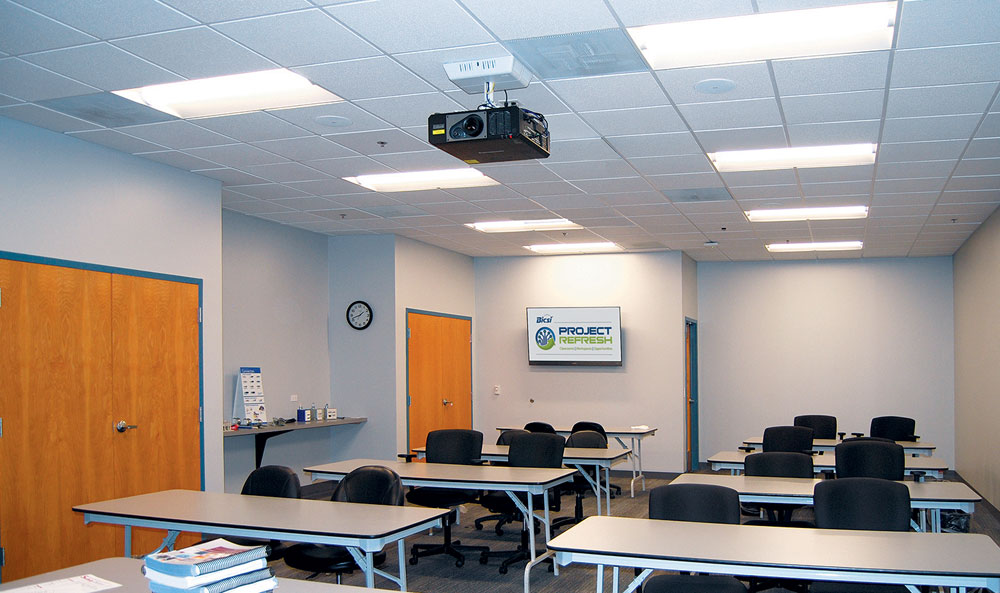 PoleVault Digital System in the design classroom provides AV switching, control, and stereo audio amplification for presentation of multimedia instructional material. (Photo Courtesy of BICSI).