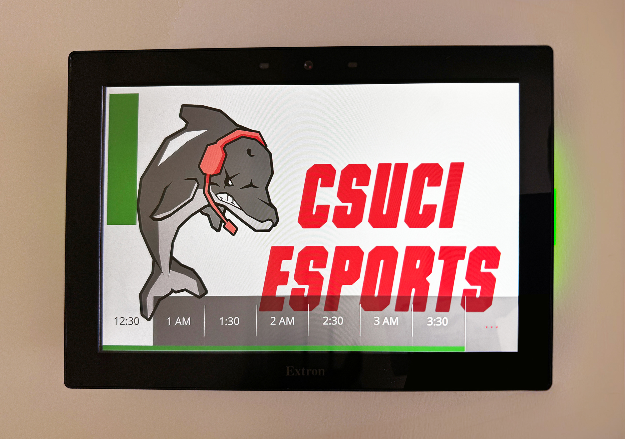 TLS room scheduling panel at the esports lounge entrance is customized with the esports team logo and works with CSU’s 25Live Pro room scheduling system.