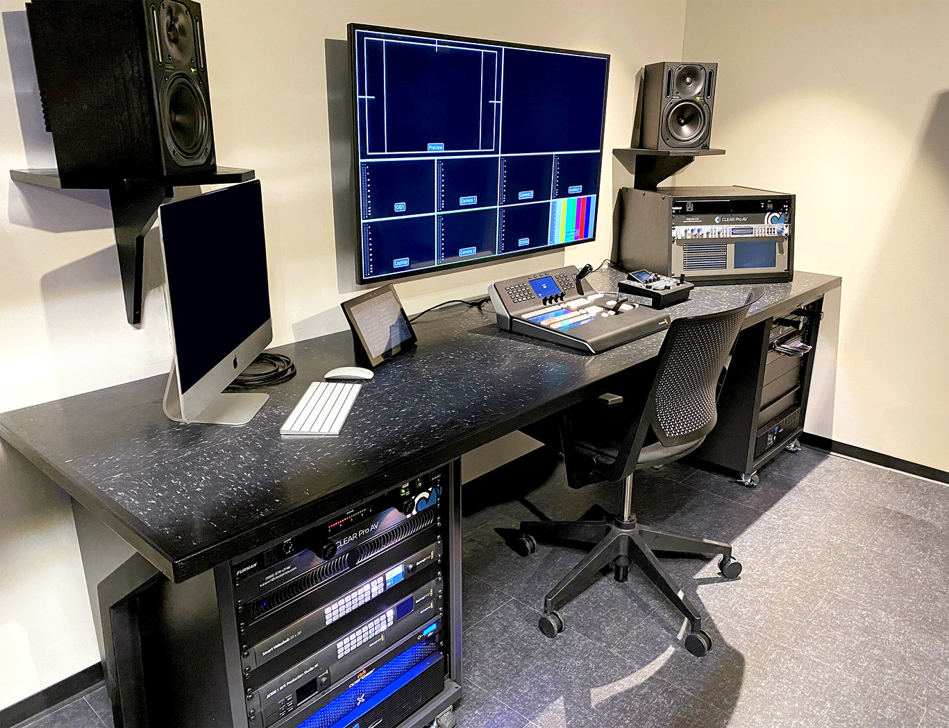 Adjacent to the theater is the control room, facilitating operation of the AV system that functions independently from the Cinemark projection installation.