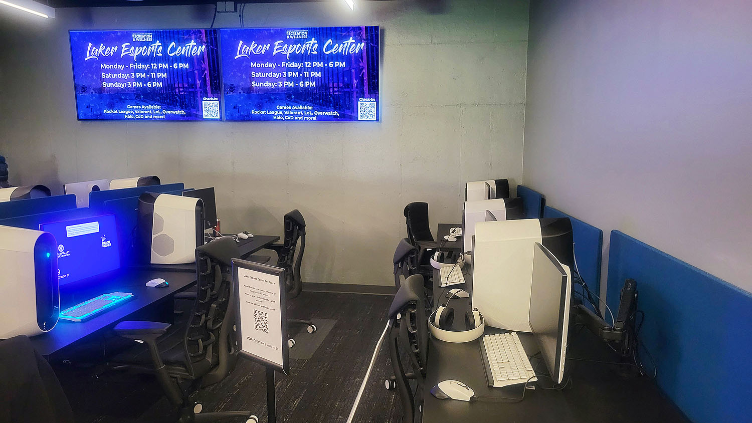 Large displays at the front of the center and within the adjacent dining hall are fed by the Extron <nobr>DTP CrossPoint 4K</nobr> scaling presentation matrix switcher, offering viewpoints of gameplay and avatar or player stats.