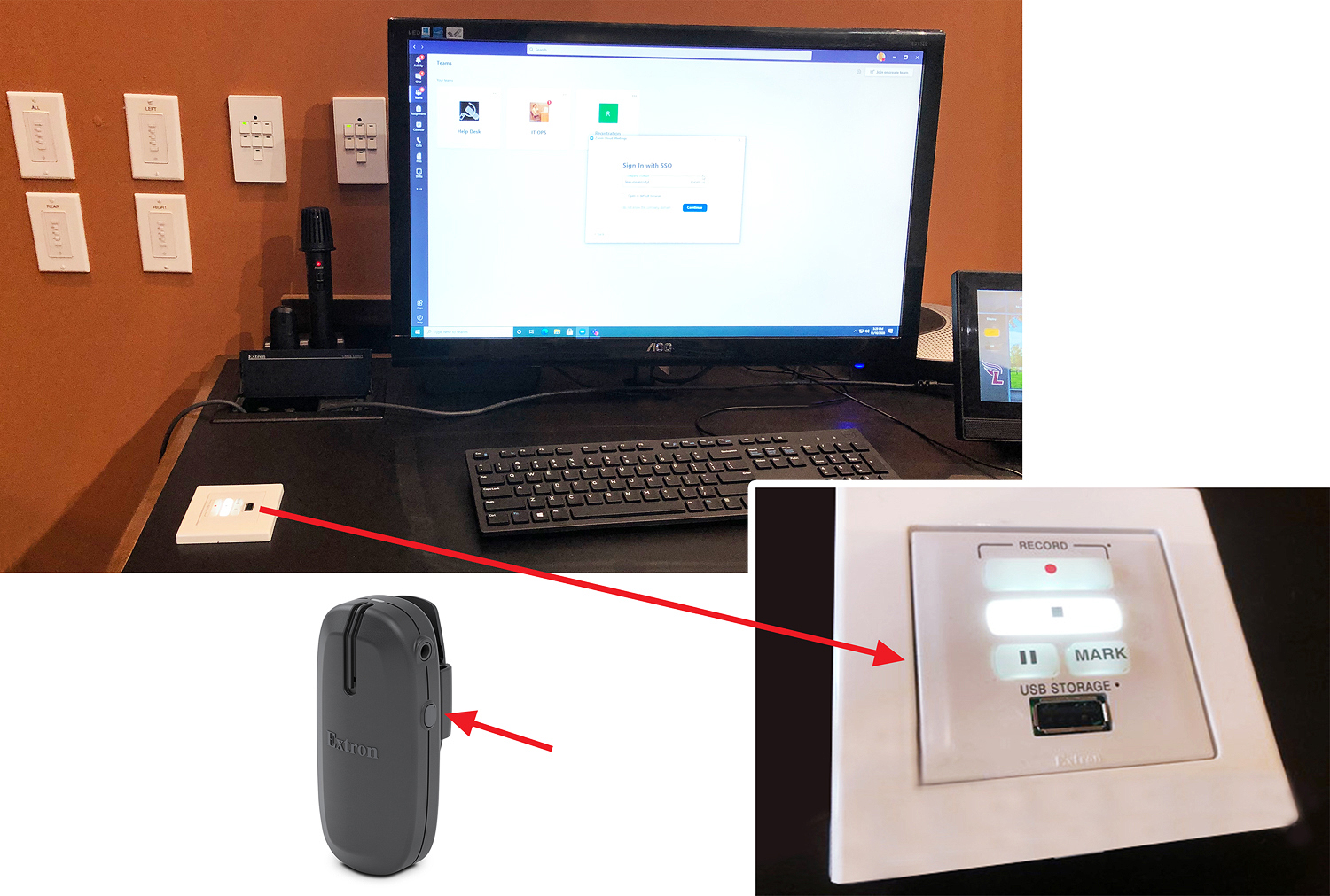 RCP 101 Remote Control Panel for SMP 351 Streaming Media Processor is located on the AV operator desk, providing a convenient location to insert a USB memory stick and to start, stop, pause, lecture capture and streaming. Presenters can also control start, stop, and pause from a button on their VoiceLift Pro pendant mic.