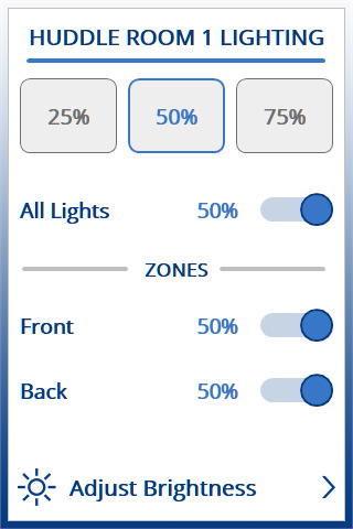 User interface of Huddle Room at 50 percent light level