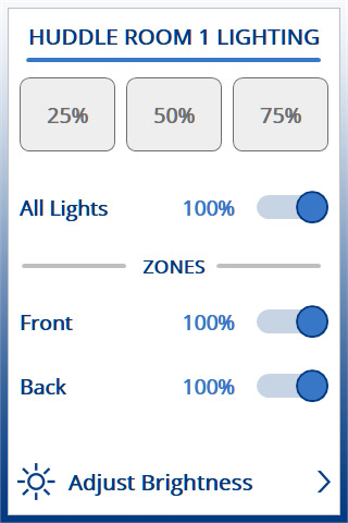 User interface of Huddle Room at 100 percent light level