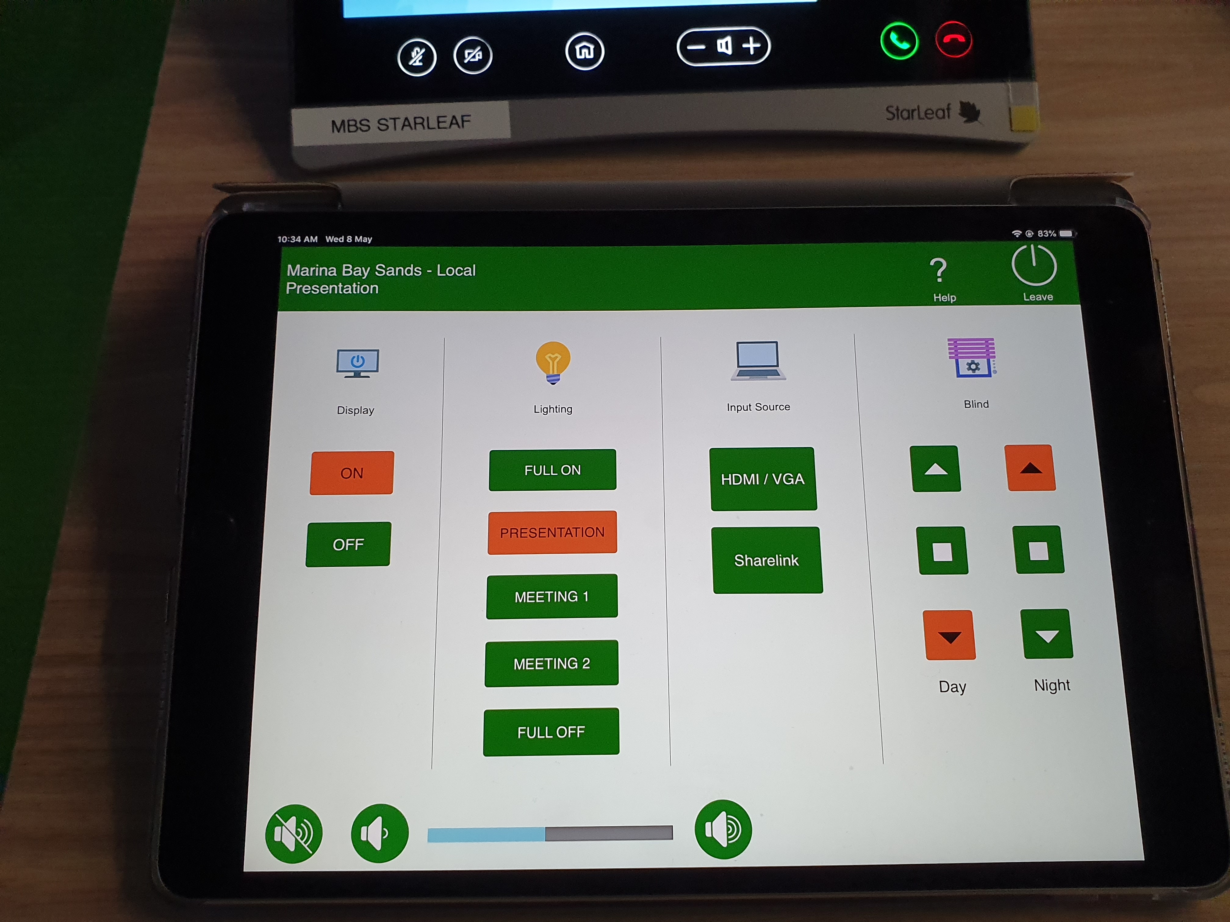 An iPad and the rack-mounted IPCP Pro 555 control processor enable AV system operations. The processor includes LinkLicense, which facilities use of a laptop or mobile device as the primary device for system control.