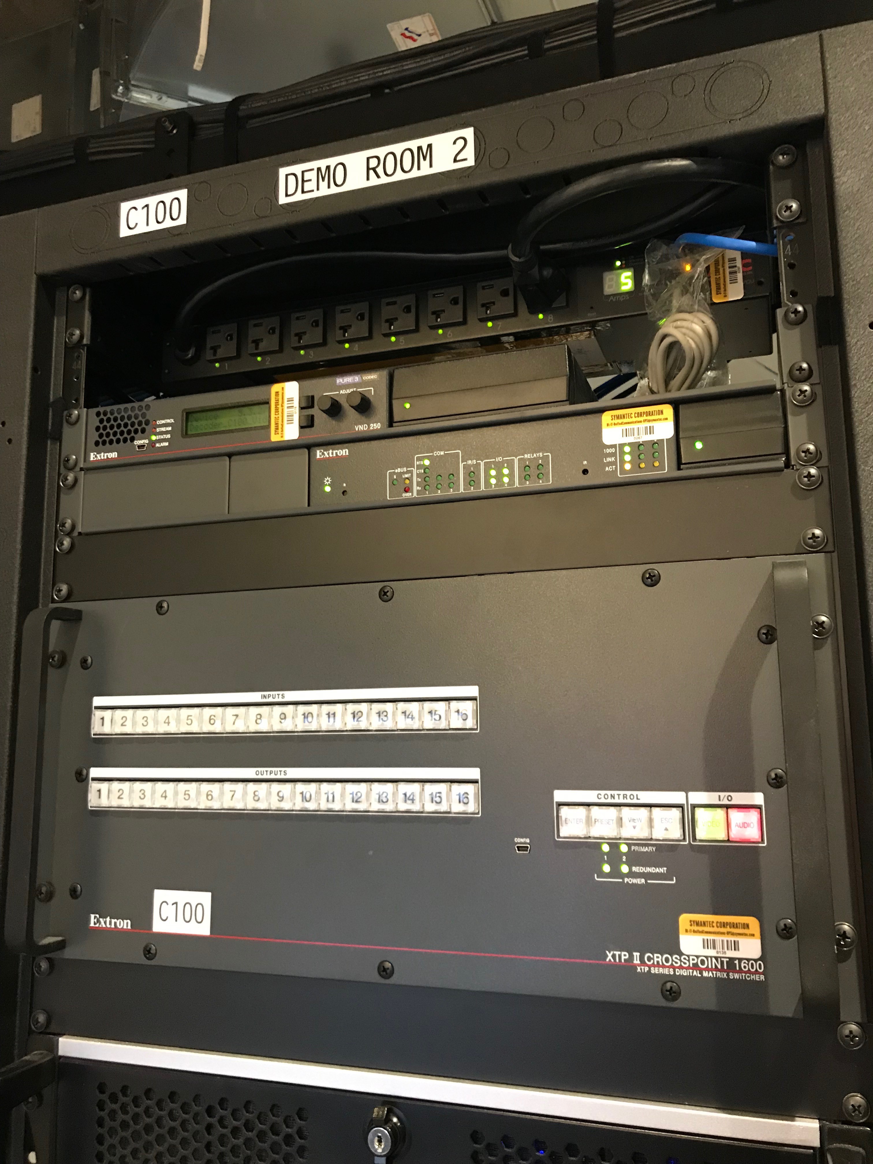 The XTP II CrossPoint matrix switcher routes computer, videoconference, streamed, Apple® TV, satellite, and connected mobile device source signals to the Quantum Ultra 610 processor for windowed placement on the videowall.