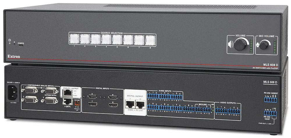 The Extron MLS 608 D Eight Input Switcher combines the functions of several small devices in one unit.