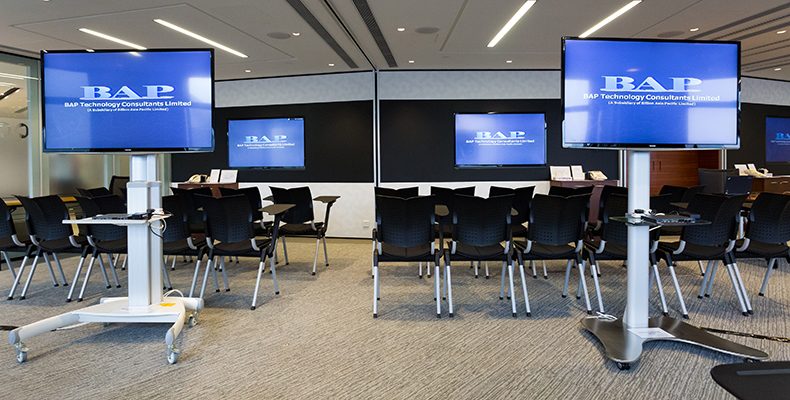 When one or more partitions are removed, content can be shown on mobile displays connected to the XTP matrix switcher through any floor box.