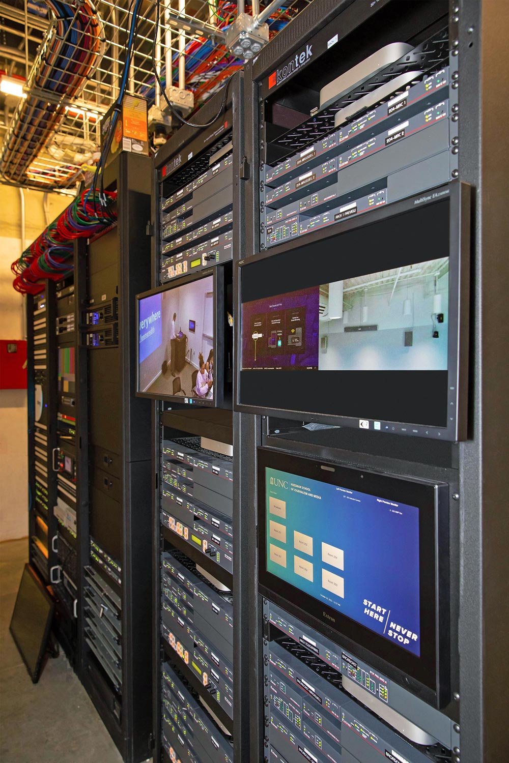 The bulk of the AV hardware is located in the basement equipment room.