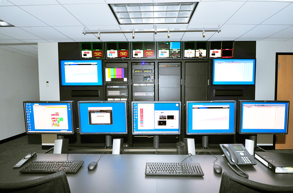 The master control room at the center of the SLC facility provides a high level of AV support for the six technology-enhanced TV studio classrooms.