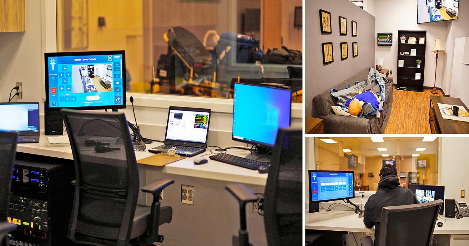 The Emergency Medical Services simulation suite at the Wake Technical Community College Perry Health Sciences Campus. The instructor station in the control room is shown at left. Upper right, a high-fidelity medical mannequin lies supine on a sofa in the living room simulation space. The mannequin’s medical symptoms are controlled by instructors in the control room, shown lower right. Students see vital signs displayed on the computer monitor on the living room’s far wall. Images captured by a PTZ camera in the room appear on the 55” flat panel display in the upper corner of the far wall.