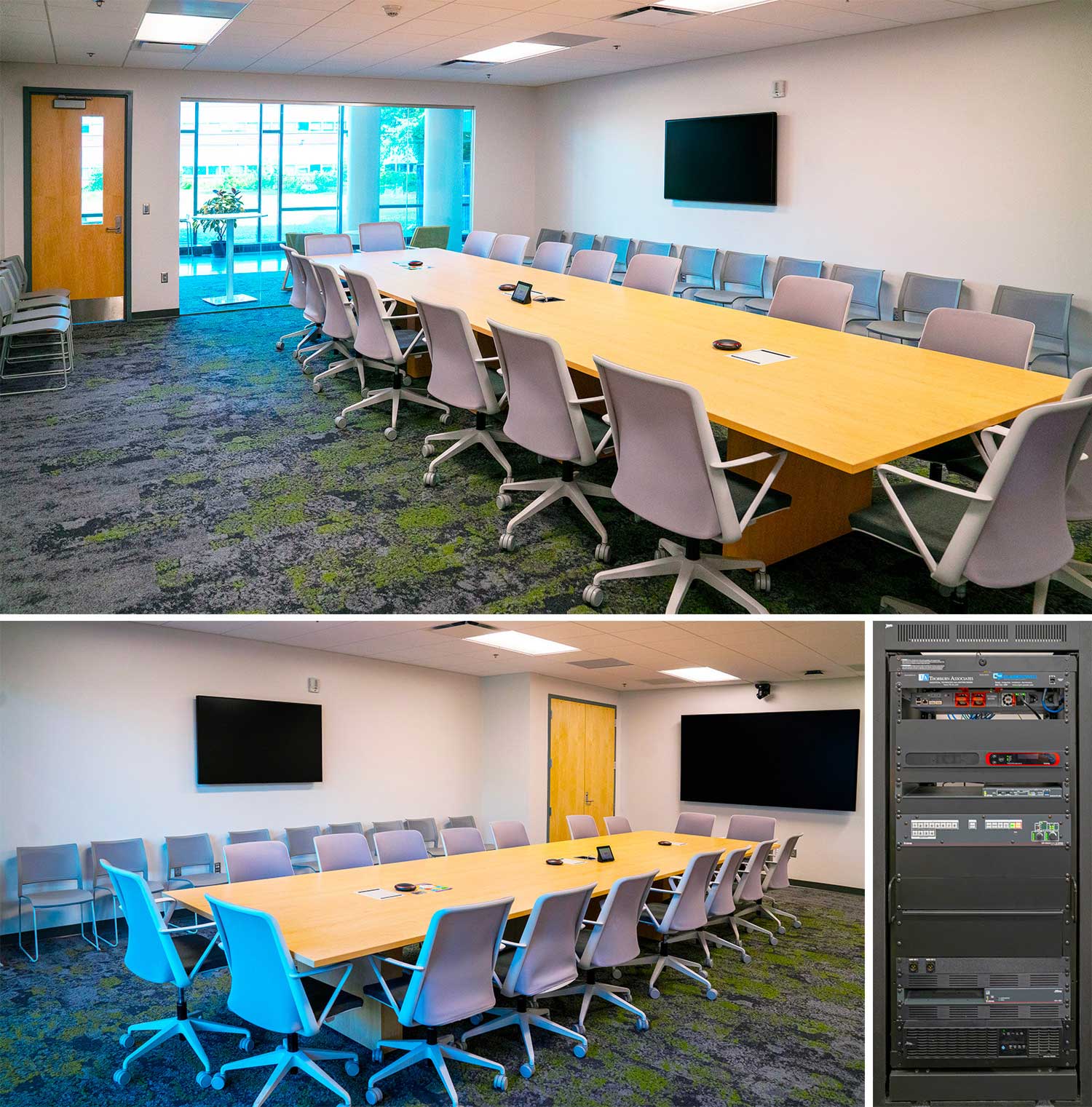 Sandbox Room 114 and Conference Room 115. The AV system in the sandbox includes a flat panel display and a ShareLink Pro presentation gateway for wired and wireless lesson content sharing. Users control Room 114’s AV system through an MLC Plus button panel. The same AV setup is used in the prelab, postlab, and team ad hoc spaces. Conference Room 115 includes two flat panel displays, a PTZ camera, four table-top mics, and a ShareLink Pro presentation gateway. DTP matrix switching and signal distribution conveys the AV signals from sources to destinations. Room 115’s occupants hear audio through Flat Field ceiling speakers driven by an XPA amplifier. Users operate Room 115’s AV system through a TouchLink Pro tabletop touchpanel.