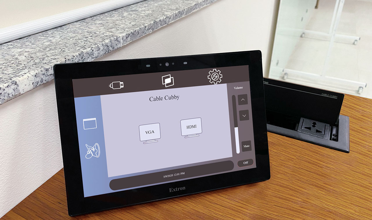 User-friendly 10” TouchLink Pro touchpanel and a Cable Cubby enclosure in conference table - interior