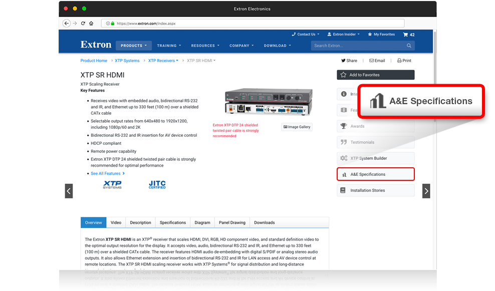 A screenshot of an Extron product page, with the location A&E specifications highlighted.