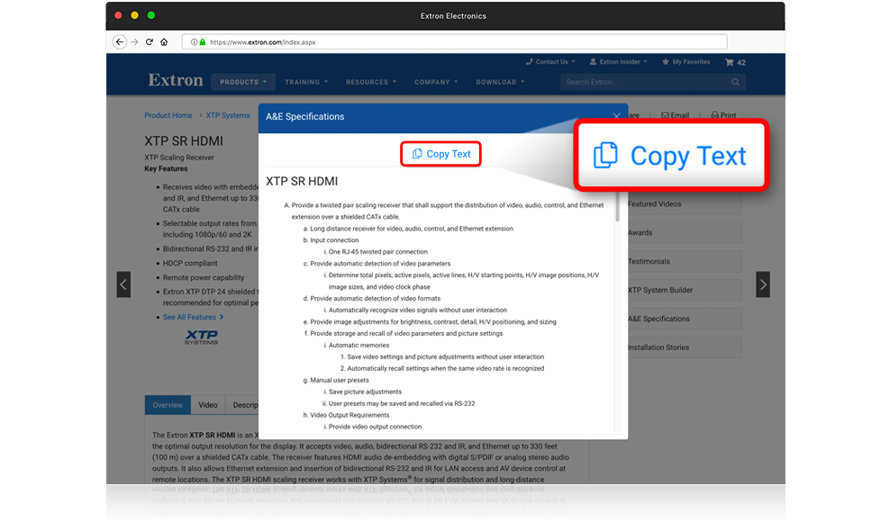 A screenshot of an Extron product page with the A&E specifications open, and the copy text button highlighted.